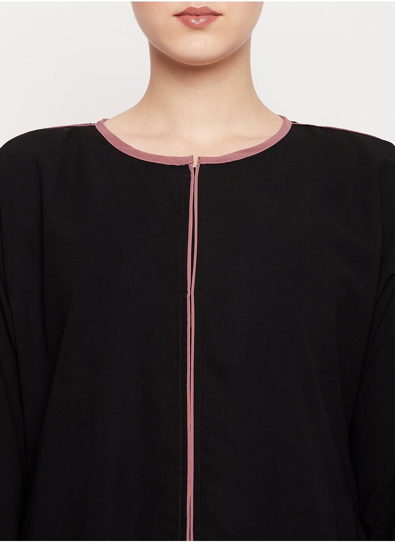 Elegant Black Abaya with Pink Piping