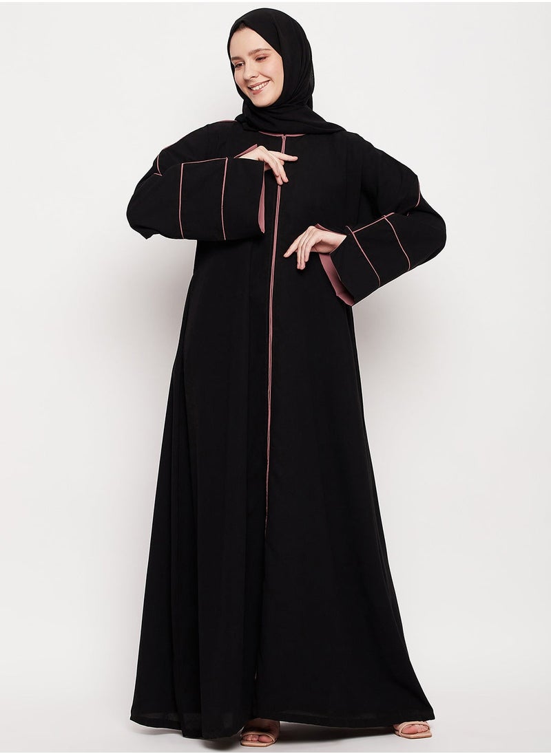 Elegant Black Abaya with Pink Piping