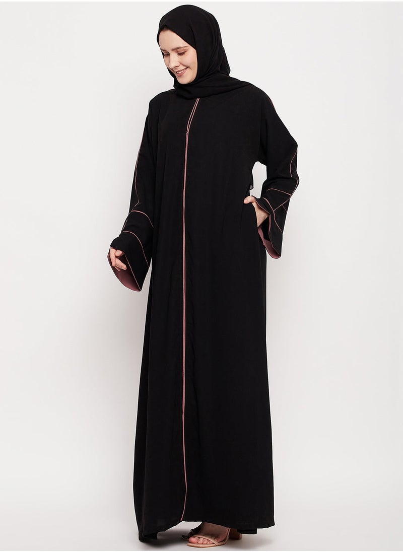 Elegant Black Abaya with Pink Piping