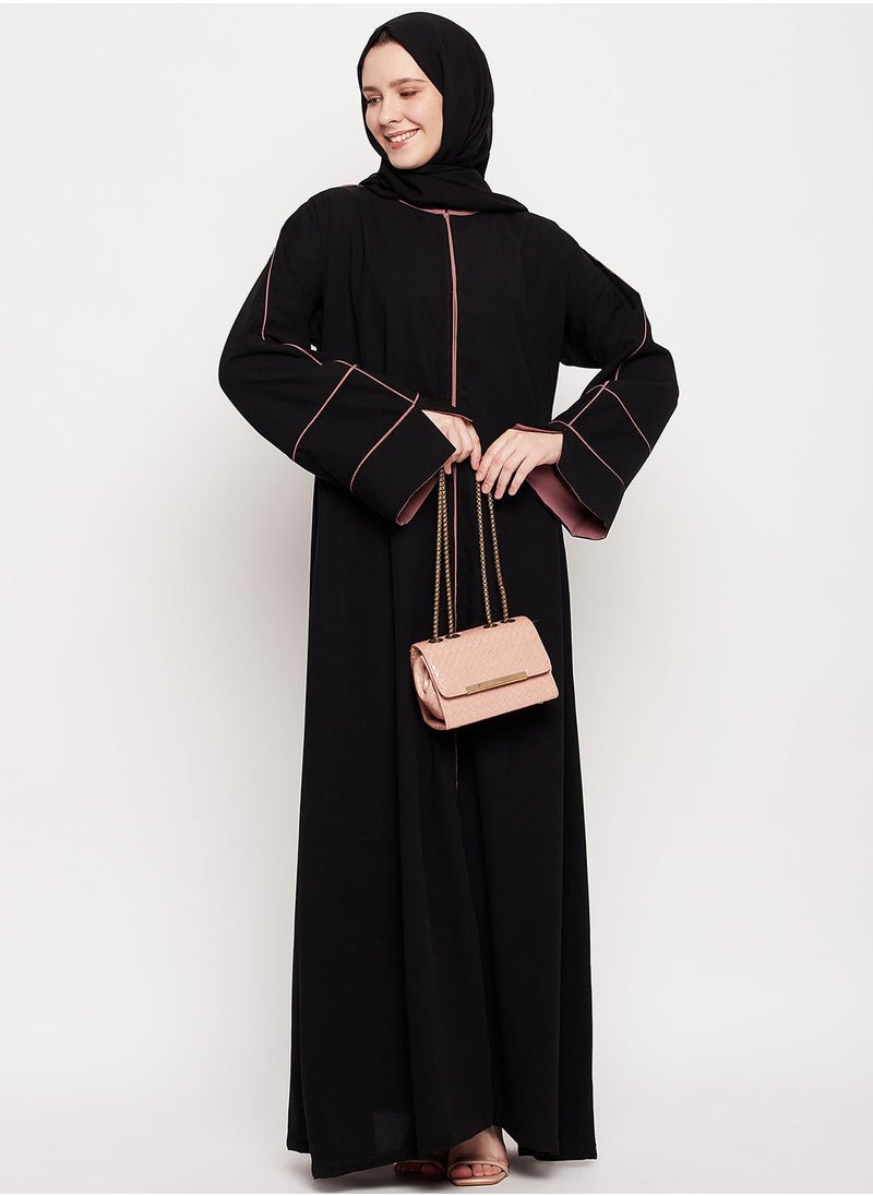Elegant Black Abaya with Pink Piping