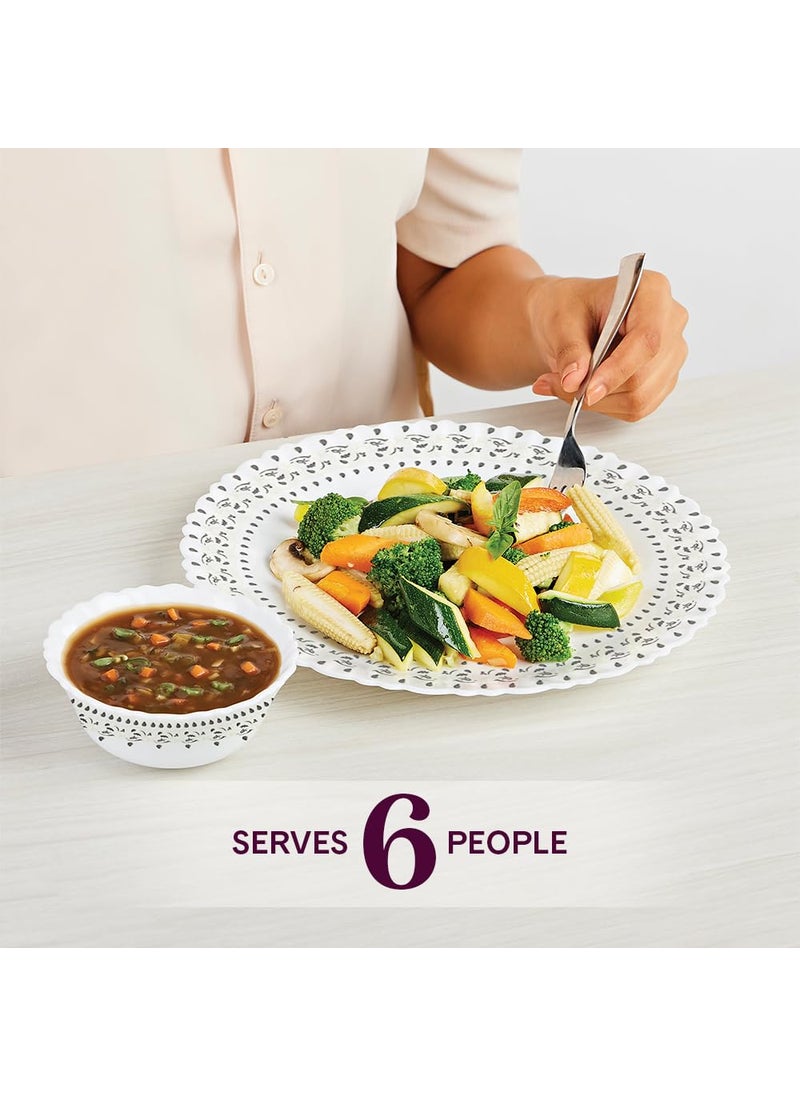 Larah by Borosil Ora Gold Fluted Series Opalware Dinner Set | 19 Pieces for Family of 6 | Microwave & Dishwasher Safe | Bone-Ash Free | Crockery Set for Dining & Gifting | Plates & Bowls | White