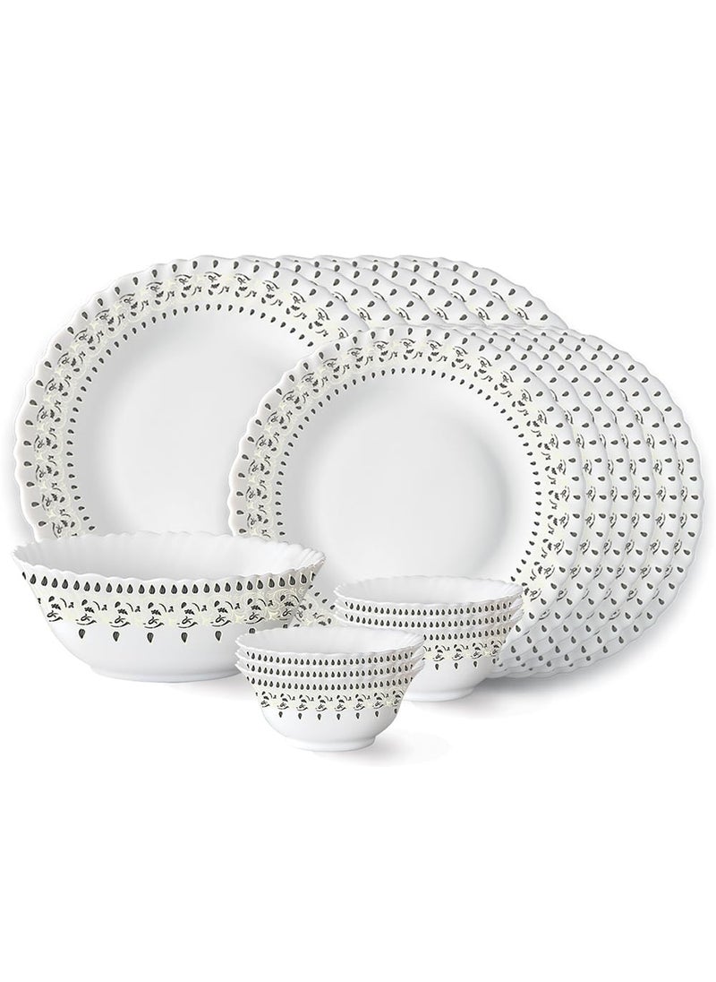 Larah by Borosil Ora Gold Fluted Series Opalware Dinner Set | 19 Pieces for Family of 6 | Microwave & Dishwasher Safe | Bone-Ash Free | Crockery Set for Dining & Gifting | Plates & Bowls | White