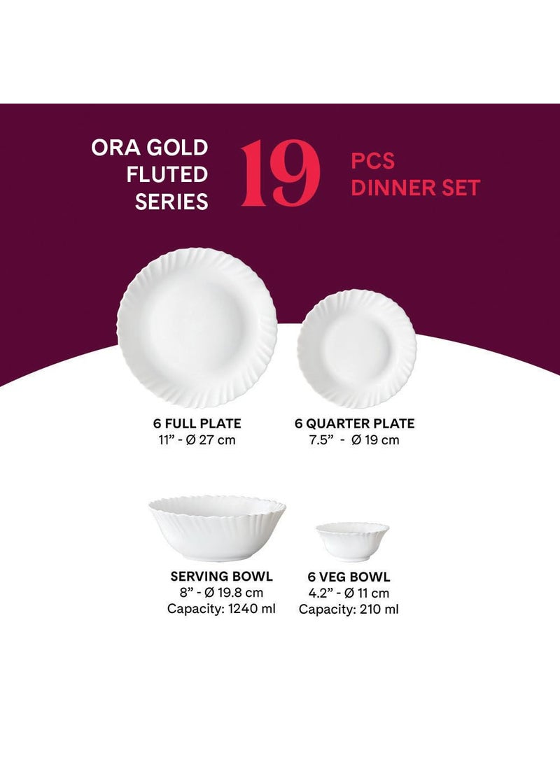 Larah by Borosil Ora Gold Fluted Series Opalware Dinner Set | 19 Pieces for Family of 6 | Microwave & Dishwasher Safe | Bone-Ash Free | Crockery Set for Dining & Gifting | Plates & Bowls | White