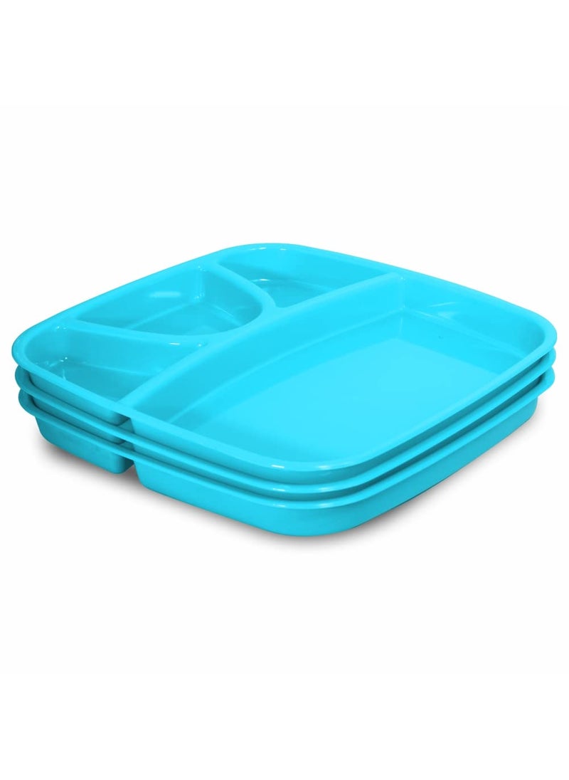 Wonder Homeware Partition Plate Microwave Safe, Thali Mess Tray, Unbreakable Plate Set, Big Size, 3 Pcs Plate, Green Color (Cyan)