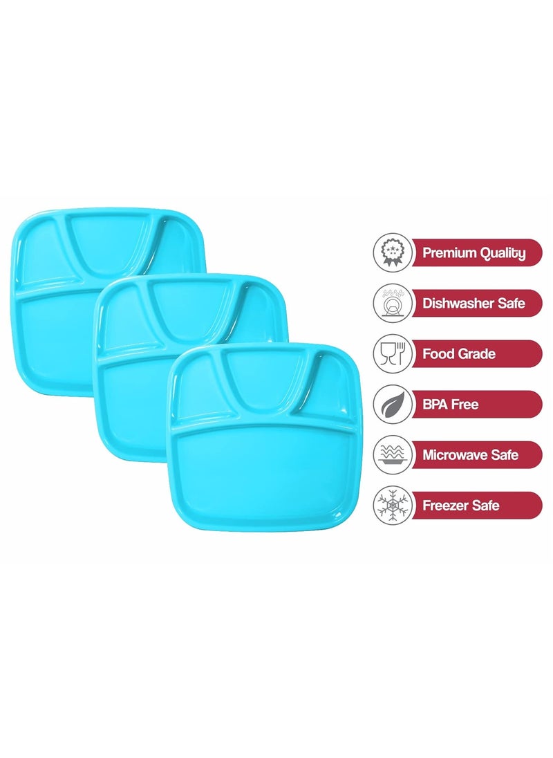 Wonder Homeware Partition Plate Microwave Safe, Thali Mess Tray, Unbreakable Plate Set, Big Size, 3 Pcs Plate, Green Color (Cyan)