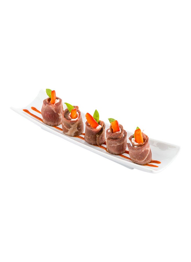 Restaurantware-Shinto 10.3 Inch x 2.8 Inch Rectangular Serving Plate, 1 Rectangle Porcelain Tray - Curved, Stain Resistant, White Porcelain Long Sushi Plate, Chip Resistant, For Sushi Or Appetizers