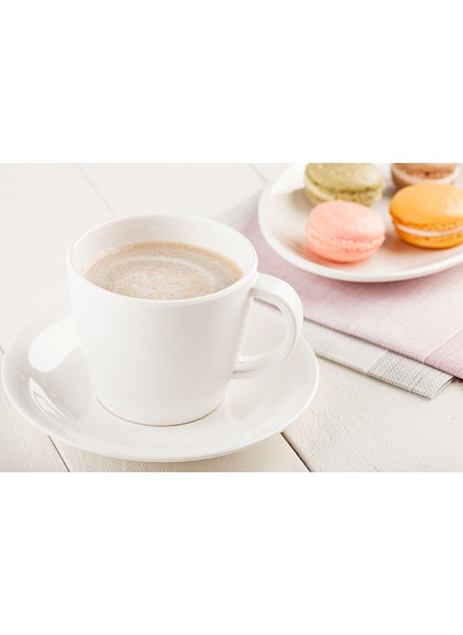 Restaurantware-Voga 10 Ounce Tea Cups With Saucers, 10 Premium Coffee Cups With Saucers - Top Rack Dishwashable, Serve Lattes, Mochas, Or Teas, White Melamine Cups With Saucers, For Homes or Cafes