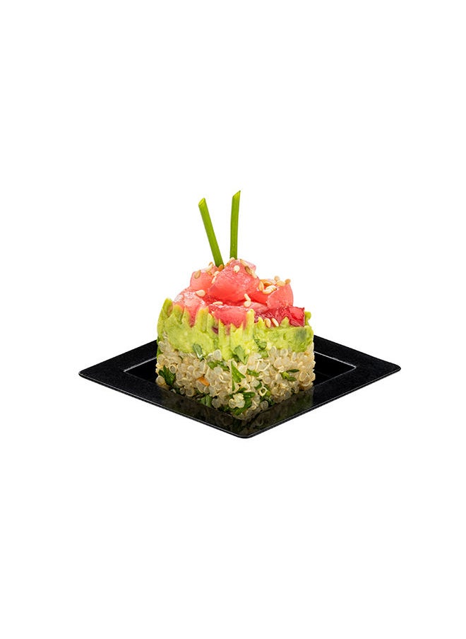 2.8 x 2.8 Inch Mini Plastic Plates, 100 Raised Edge Dessert Plates - Geometric, Disposable, Black Plastic Square Plates, For Appetizers, Desserts, Or Samples