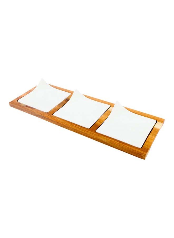 Restaurantware-14.2 x 5.1 x 1.5 Inch Square Plate Set with Tray - 1 Dishwashable Serving Tray Set, Includes 3 Porcelain Plates And 1 Bamboo Tray, White Porcelain And Bamboo Plate Set, Reusable
