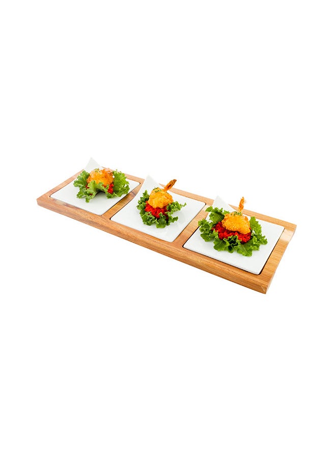 Restaurantware-14.2 x 5.1 x 1.5 Inch Square Plate Set with Tray - 1 Dishwashable Serving Tray Set, Includes 3 Porcelain Plates And 1 Bamboo Tray, White Porcelain And Bamboo Plate Set, Reusable
