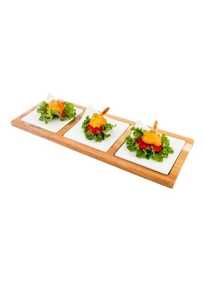 Restaurantware-14.2 x 5.1 x 1.5 Inch Square Plate Set with Tray - 1 Dishwashable Serving Tray Set, Includes 3 Porcelain Plates And 1 Bamboo Tray, White Porcelain And Bamboo Plate Set, Reusable
