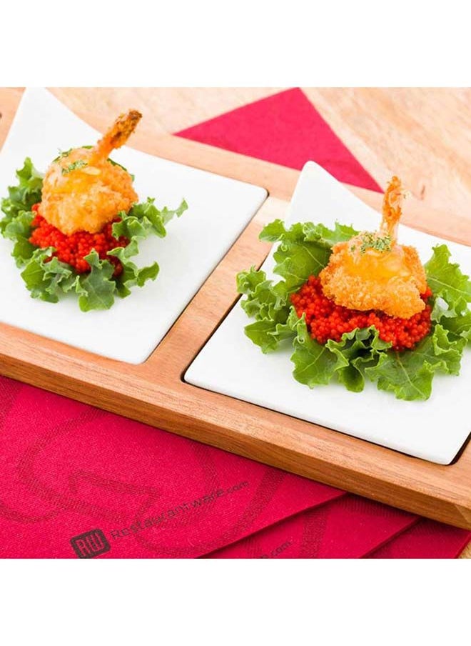 Restaurantware-14.2 x 5.1 x 1.5 Inch Square Plate Set with Tray - 1 Dishwashable Serving Tray Set, Includes 3 Porcelain Plates And 1 Bamboo Tray, White Porcelain And Bamboo Plate Set, Reusable