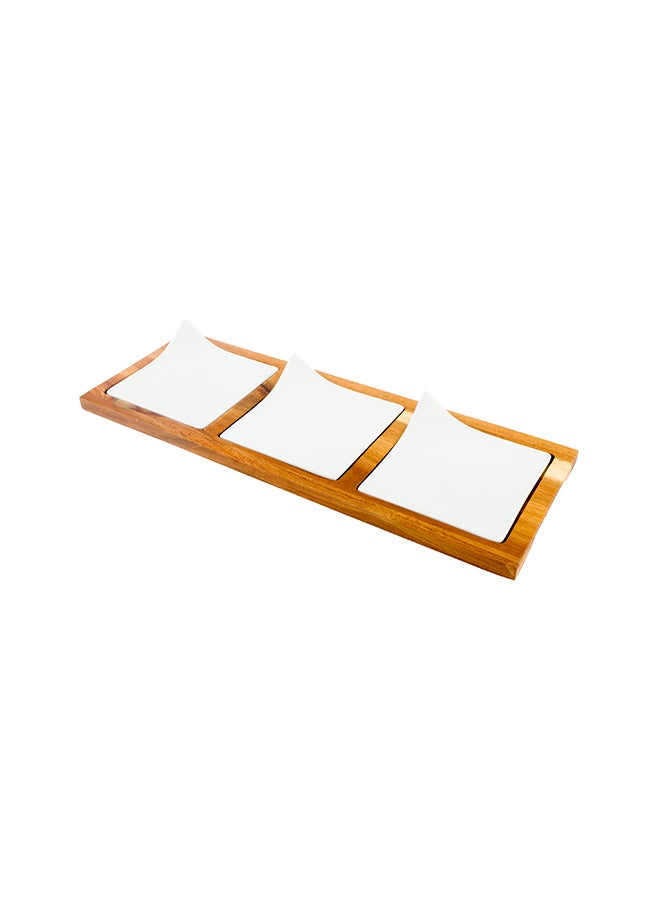Restaurantware-14.2 x 5.1 x 1.5 Inch Square Plate Set with Tray - 1 Dishwashable Serving Tray Set, Includes 3 Porcelain Plates And 1 Bamboo Tray, White Porcelain And Bamboo Plate Set, Reusable