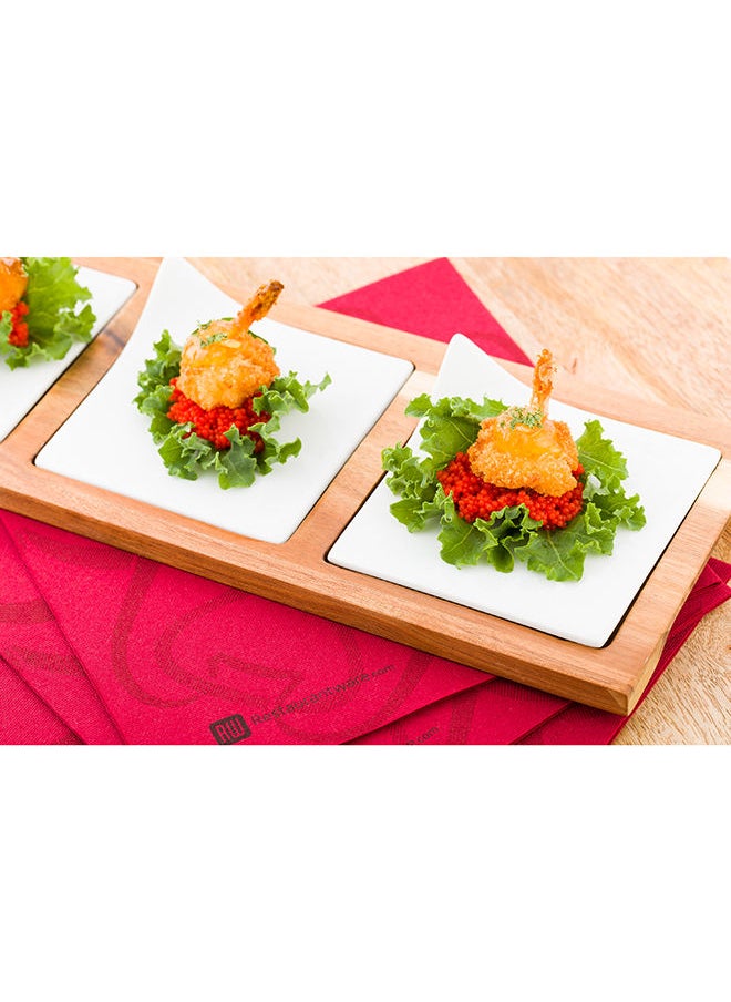 Restaurantware-14.2 x 5.1 x 1.5 Inch Square Plate Set with Tray - 1 Dishwashable Serving Tray Set, Includes 3 Porcelain Plates And 1 Bamboo Tray, White Porcelain And Bamboo Plate Set, Reusable