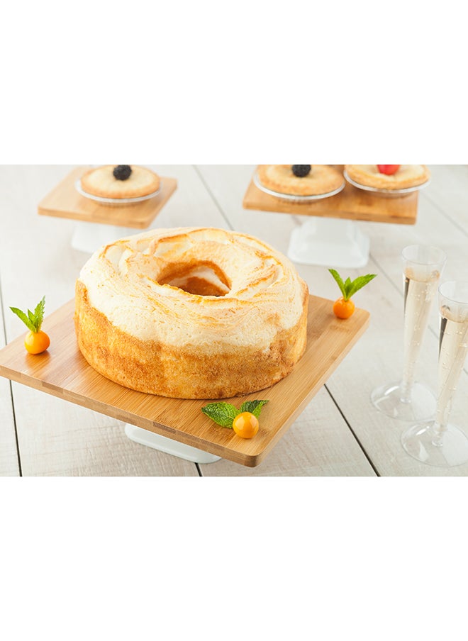 Restaurantware-Hamptons 9.8 x 9.8 x 4 Inch Food Stand, 1 Serving Stand Display - White Porcelain Base, Dishwashable, Bamboo Dessert Display Stand, Versatile, For Parties, Buffets, Or Catering