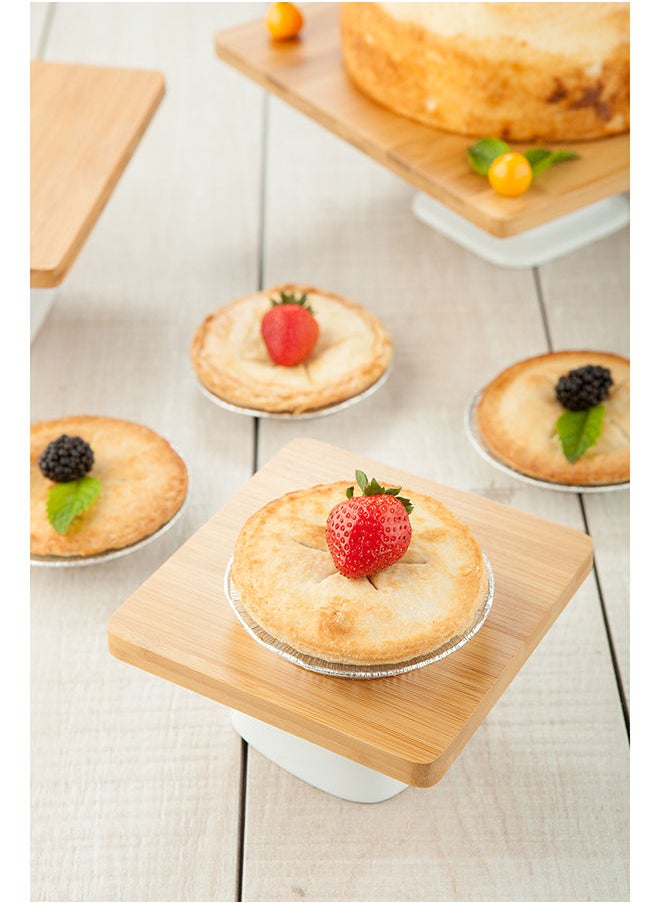 Restaurantware-Hamptons 5.4 x 5.4 x 2.6 Inch Food Stand, 1 Serving Stand Display - White Porcelain Base, Dishwashable, Bamboo Dessert Display Stand, Versatile, For Parties, Buffets, Or Catering