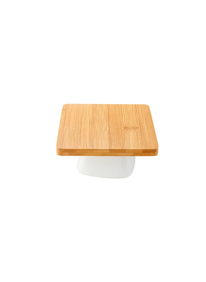 Restaurantware-Hamptons 5.4 x 5.4 x 2.6 Inch Food Stand, 1 Serving Stand Display - White Porcelain Base, Dishwashable, Bamboo Dessert Display Stand, Versatile, For Parties, Buffets, Or Catering