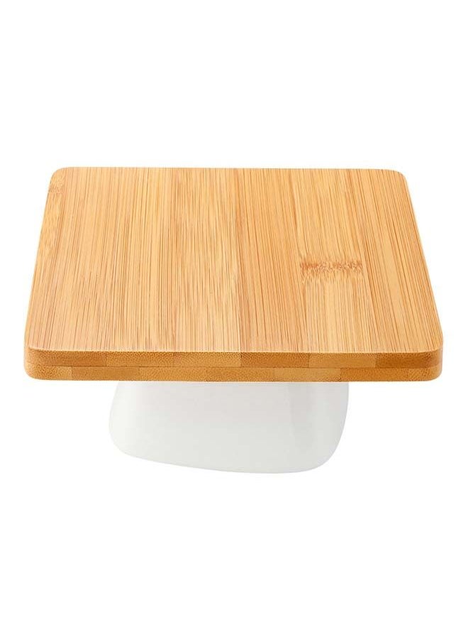Restaurantware-Hamptons 5.4 x 5.4 x 2.6 Inch Food Stand, 1 Serving Stand Display - White Porcelain Base, Dishwashable, Bamboo Dessert Display Stand, Versatile, For Parties, Buffets, Or Catering