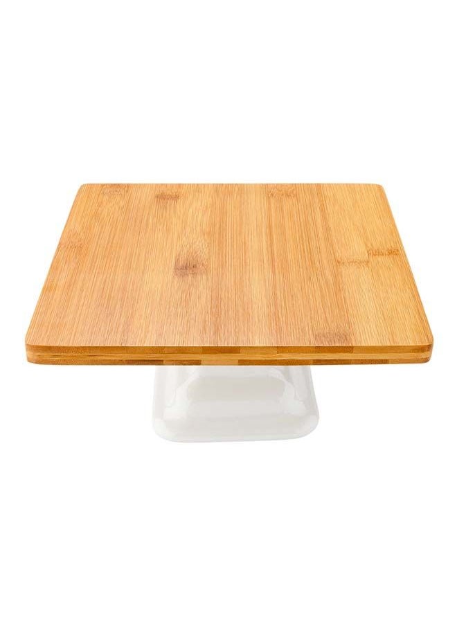 Restaurantware-Hamptons 8 x 8 x 3.9 Inch Food Stand, 1 Serving Stand Display - White Porcelain Base, Dishwashable, Bamboo Dessert Display Stand, Versatile, For Parties, Buffets, Or Catering
