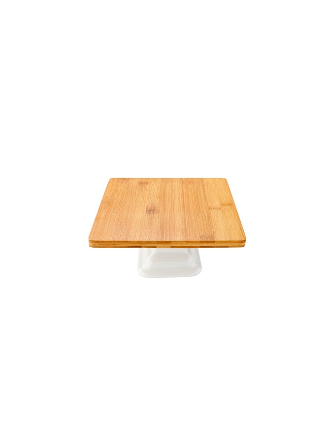 Restaurantware-Hamptons 8 x 8 x 3.9 Inch Food Stand, 1 Serving Stand Display - White Porcelain Base, Dishwashable, Bamboo Dessert Display Stand, Versatile, For Parties, Buffets, Or Catering