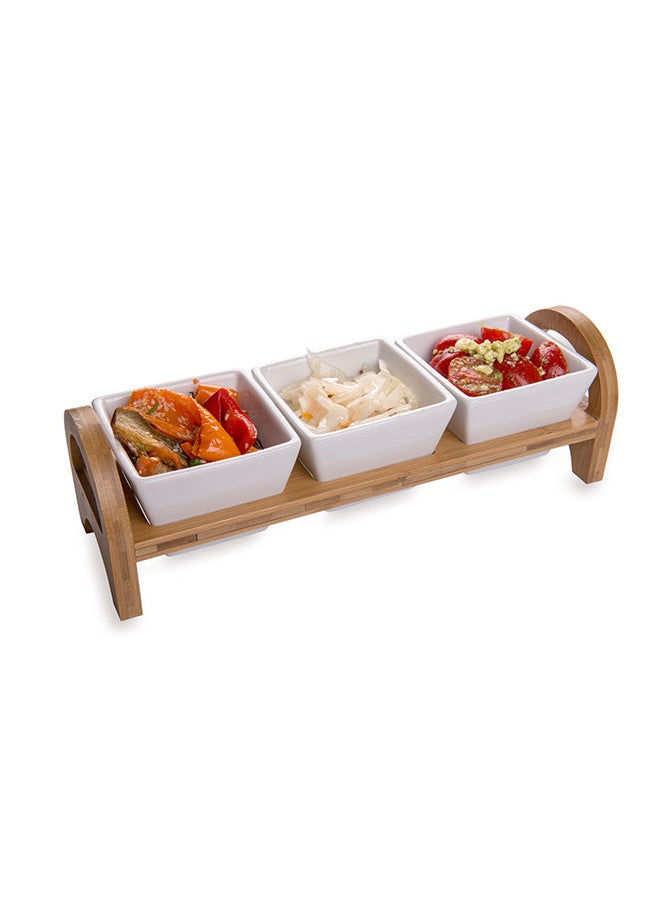 Restaurantware-Triple Mini Porcelain Bowl Serving Set - 21 Ounce - Elegant Square White Porcelain Bowls with Bamboo Tray: Perfect for Tastings, Catered Events, and Buffets - 1ct Box