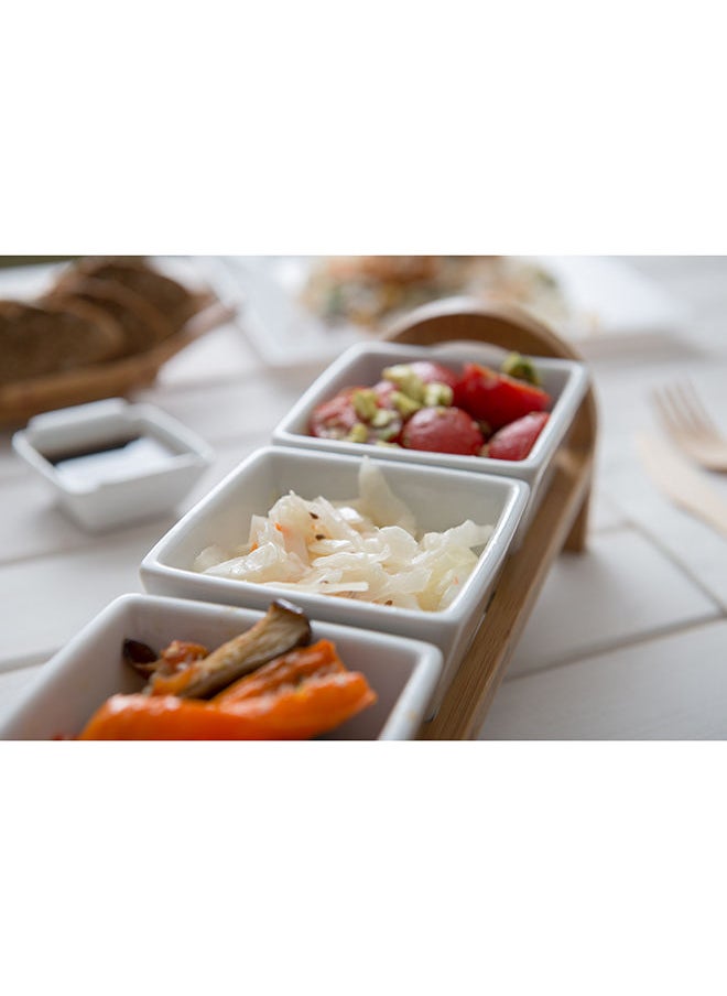 Restaurantware-Triple Mini Porcelain Bowl Serving Set - 21 Ounce - Elegant Square White Porcelain Bowls with Bamboo Tray: Perfect for Tastings, Catered Events, and Buffets - 1ct Box