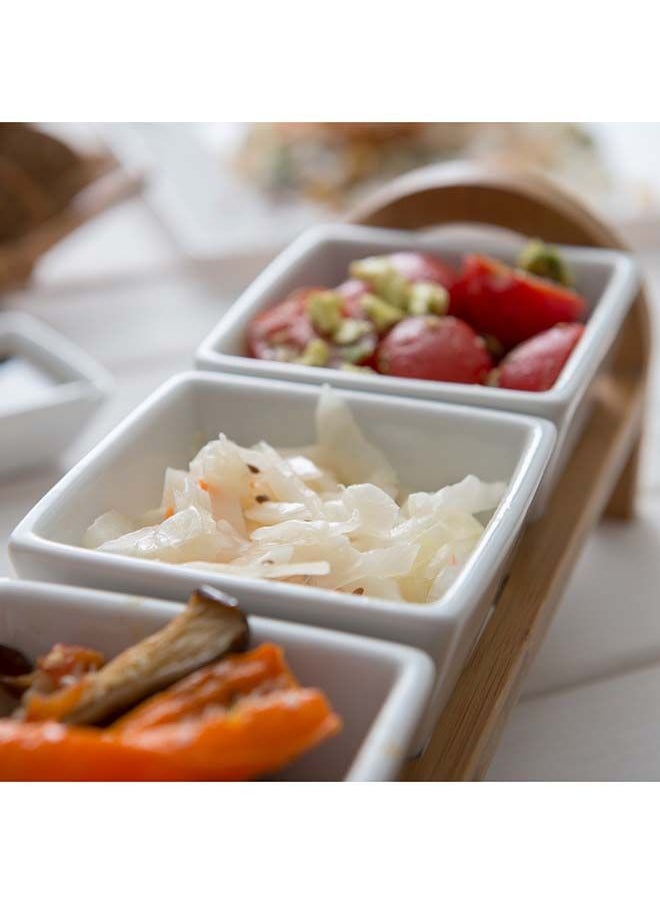 Restaurantware-Triple Mini Porcelain Bowl Serving Set - 21 Ounce - Elegant Square White Porcelain Bowls with Bamboo Tray: Perfect for Tastings, Catered Events, and Buffets - 1ct Box