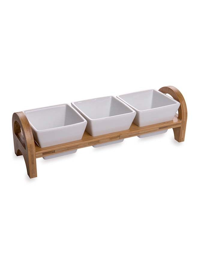 Restaurantware-Triple Mini Porcelain Bowl Serving Set - 21 Ounce - Elegant Square White Porcelain Bowls with Bamboo Tray: Perfect for Tastings, Catered Events, and Buffets - 1ct Box