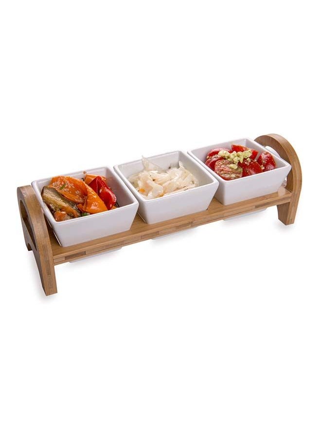 Restaurantware-Triple Mini Porcelain Bowl Serving Set - 21 Ounce - Elegant Square White Porcelain Bowls with Bamboo Tray: Perfect for Tastings, Catered Events, and Buffets - 1ct Box