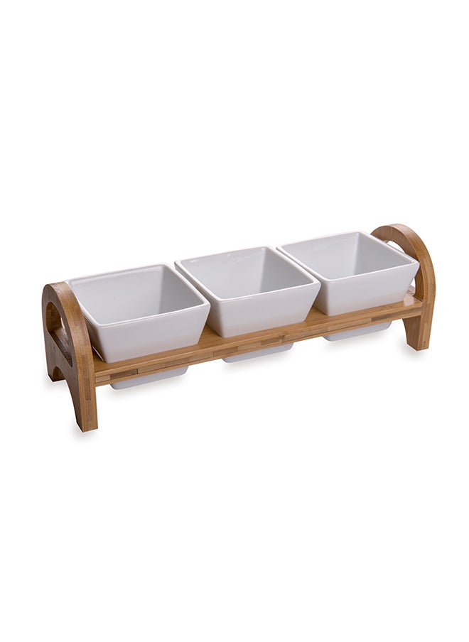 Restaurantware-Triple Mini Porcelain Bowl Serving Set - 21 Ounce - Elegant Square White Porcelain Bowls with Bamboo Tray: Perfect for Tastings, Catered Events, and Buffets - 1ct Box