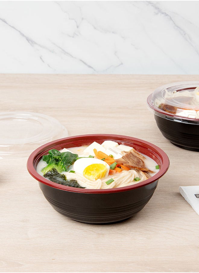 Restaurantware-34 Ounce Food Containers, 200 Disposable Salad Bowls - Lids Included, Microwavable, Black And Red Plastic To Go Bowls, Asian Inspired, Perfect For Picnics, Or Take Outs