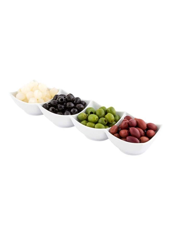 Restaurantware-24 Ounce Porcelain Condiment Tray, 1 Square Compartment Snack Dish - Serve Hors D'oeuvres, Dips, or Condiments, For Parties or Buffets, White Porcelain 4 Piece Appetizer Server