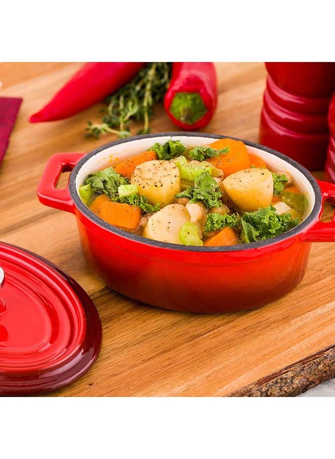 Restaurantware-9 Ounce Mini Casserole Dish, 1 Mini Dutch Oven With Lid - Enameled, Oval, Red Cast Iron Mini Cocotte, Heavy-Duty, For Baking, Braising, or Roasting