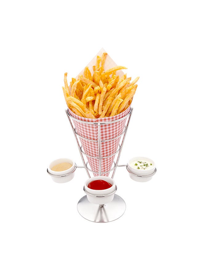 Restaurantware-4.3 x 8 Inch French Fries Stand, 1 Fry Stand - With 3 Sauce Holders, Dishwashable, Silver Stainless Steel Cone Holder Stand, For Snacks, Appetizers, Or Desserts