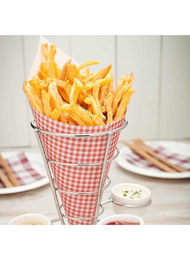 Restaurantware-4.3 x 8 Inch French Fries Stand, 1 Fry Stand - With 3 Sauce Holders, Dishwashable, Silver Stainless Steel Cone Holder Stand, For Snacks, Appetizers, Or Desserts