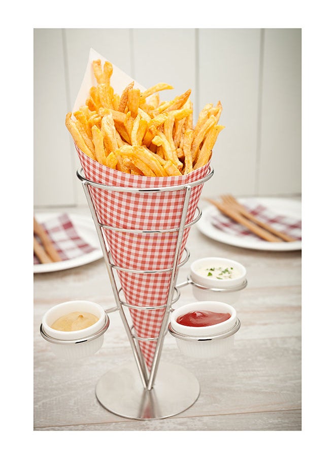 Restaurantware-4.3 x 8 Inch French Fries Stand, 1 Fry Stand - With 3 Sauce Holders, Dishwashable, Silver Stainless Steel Cone Holder Stand, For Snacks, Appetizers, Or Desserts