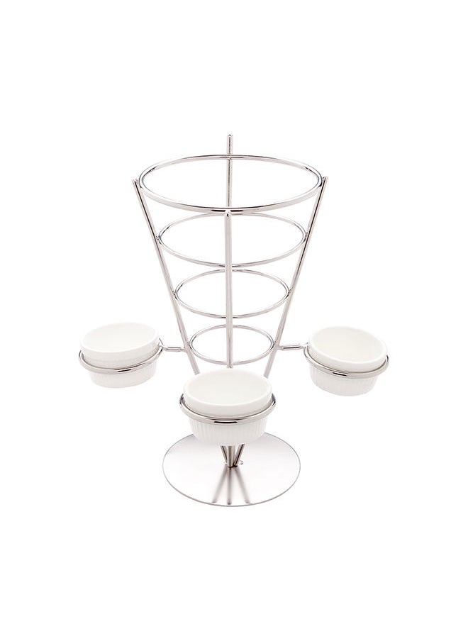 Restaurantware-4.3 x 8 Inch French Fries Stand, 1 Fry Stand - With 3 Sauce Holders, Dishwashable, Silver Stainless Steel Cone Holder Stand, For Snacks, Appetizers, Or Desserts