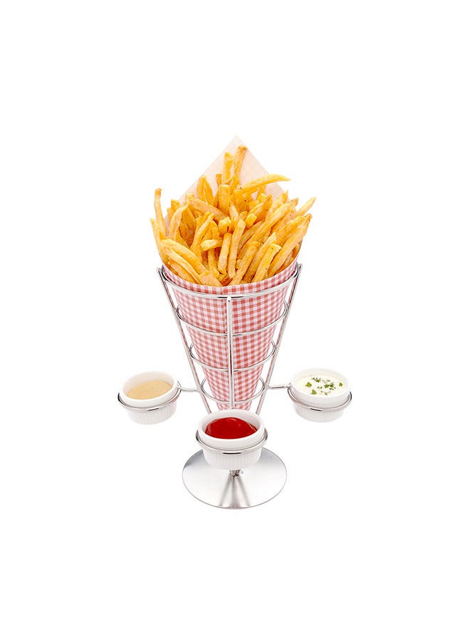 Restaurantware-4.3 x 8 Inch French Fries Stand, 1 Fry Stand - With 3 Sauce Holders, Dishwashable, Silver Stainless Steel Cone Holder Stand, For Snacks, Appetizers, Or Desserts
