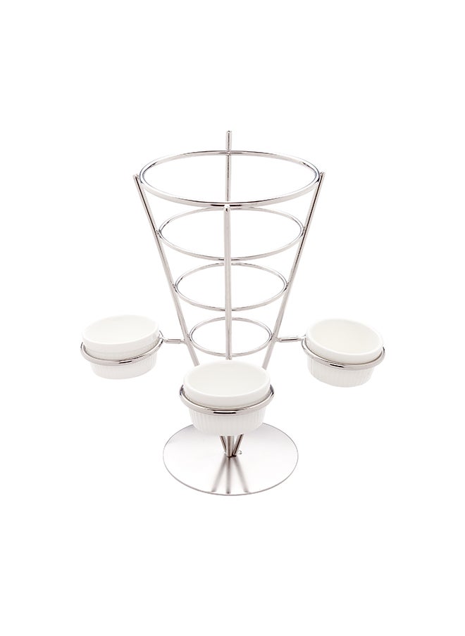 Restaurantware-4.3 x 8 Inch French Fries Stand, 1 Fry Stand - With 3 Sauce Holders, Dishwashable, Silver Stainless Steel Cone Holder Stand, For Snacks, Appetizers, Or Desserts