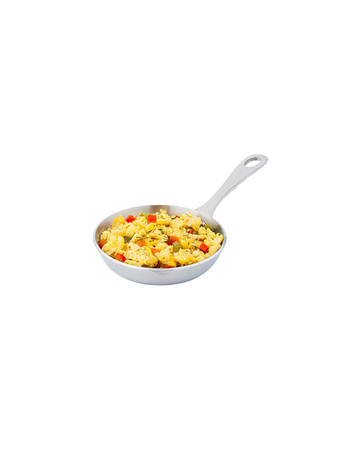 Restaurantware-4 Inch Mini Frying Pan, 1 Round Egg Pan - With Handle, Dishwasher Safe, Silver Stainless Steel Small Frying Pan, Hanging Hole, For Scrambles, Appetizers, Or Desserts