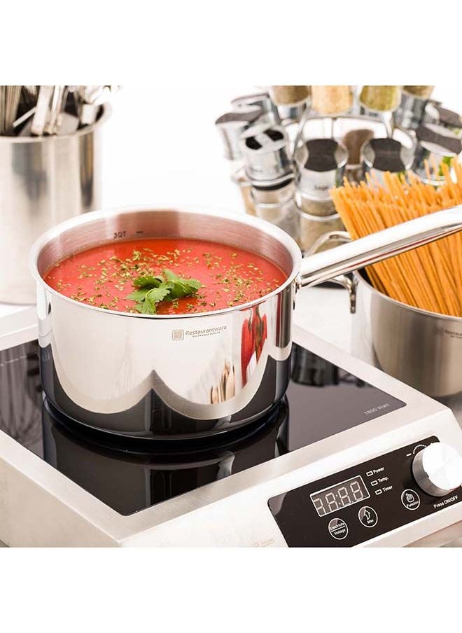 Restaurantware-Met Lux 3.5 Quart Induction Sauce Pan, 1 Wide Basin Deep Sauce Pan - Single Handle, Lid Sold Separately, Mirror-Finish Stainless Steel Cooking Pot, For Cooking And Boiling Food,