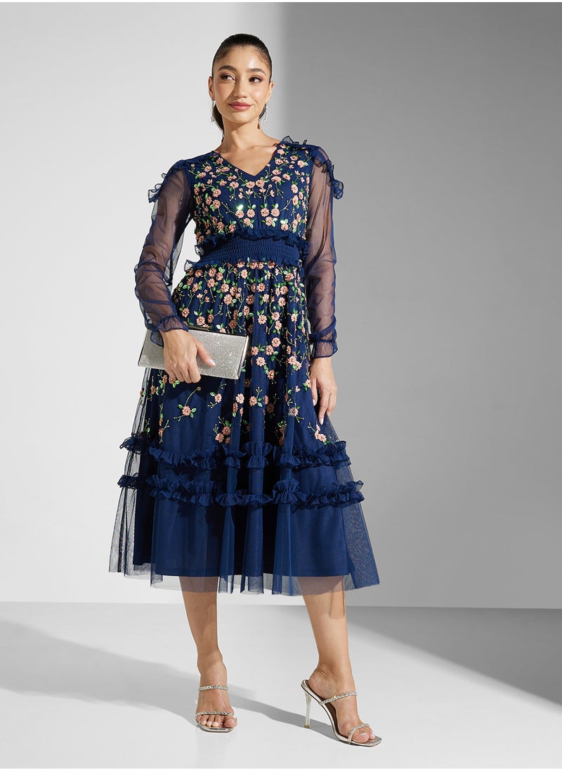 Embellished Ruffles Midi Dress