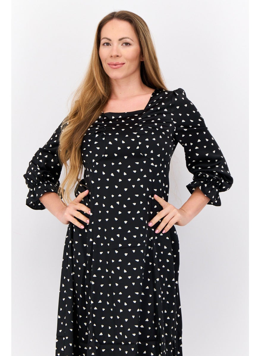 Women Allover Print Midi Dress, Black