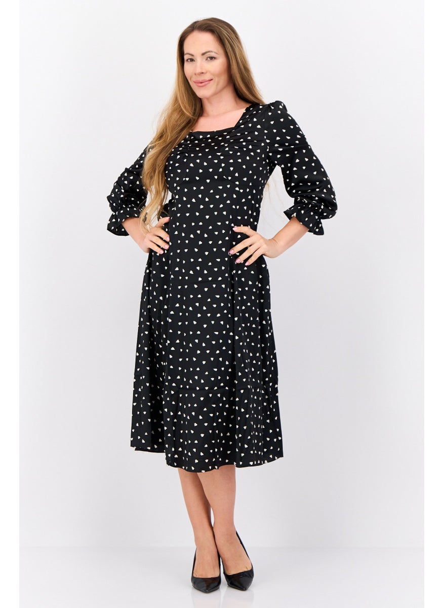 Women Allover Print Midi Dress, Black