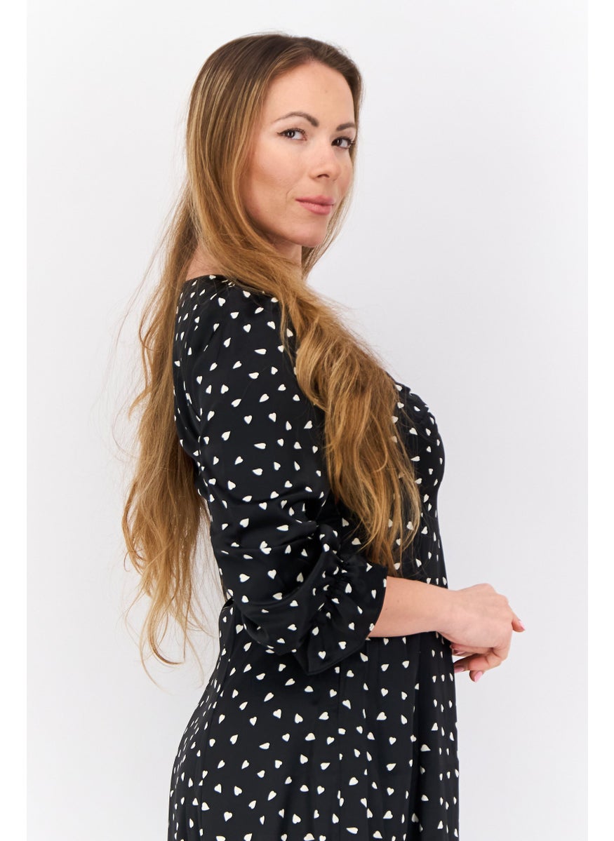 Women Allover Print Midi Dress, Black