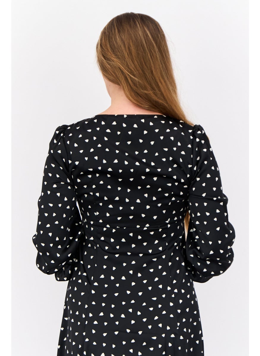 Women Allover Print Midi Dress, Black