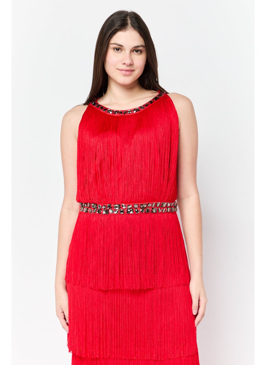 Women Embellished Albertina Fringe Maxi Dress, Red