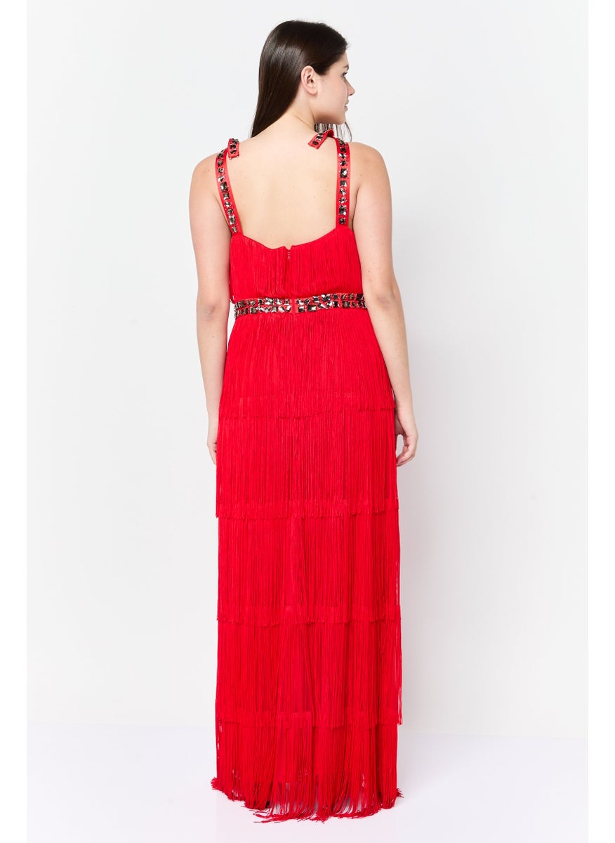 Women Embellished Albertina Fringe Maxi Dress, Red
