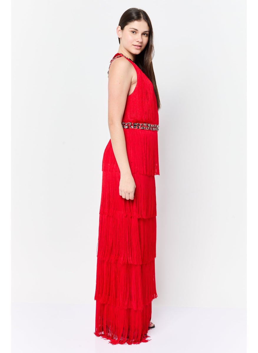 Women Embellished Albertina Fringe Maxi Dress, Red