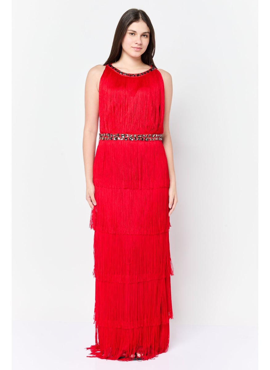 Women Embellished Albertina Fringe Maxi Dress, Red